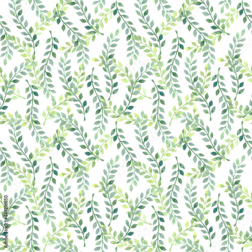 Watercolor seamless botanical pattern with green herbs on white background. Hand drawn botanic background with green leaves for textile, prints, wrapping paper.