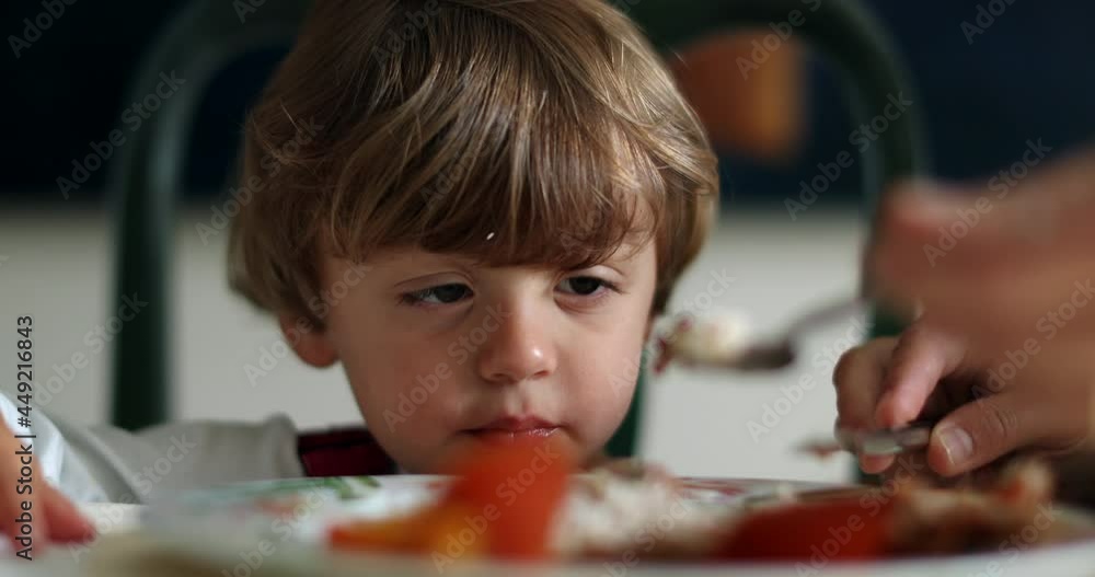 Little boy at lunch table, parent feeding food to toddler son Little boy at lunch table, parent feeding food to toddler son