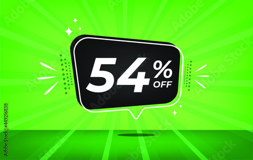 54% off. Green banner with fifty-four percent discount on a black balloon for mega big sales.