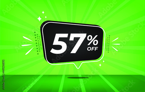 57% off. Green banner with fifty-seven percent discount on a black balloon for mega big sales.