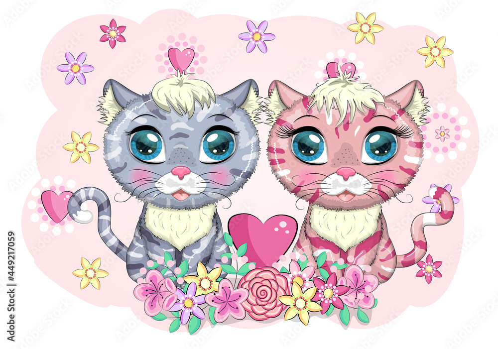 Fototapeta premium Cute cartoon cat, kitty couple in love, decorated with flowers, heart. Valentine's day concept.
