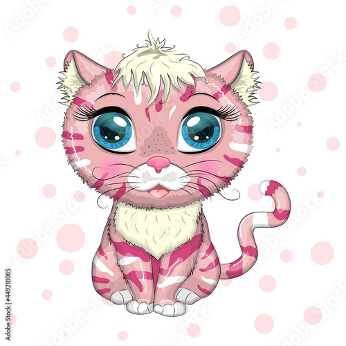 Pink and spotted cat with beautiful eyes in cartoon style, colorful illustration for children. © MichiruKayo