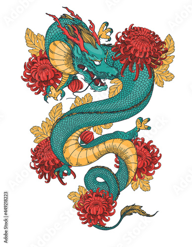 Chinese dragon with chrysanthemum flowers hand drawn vector illustration. Tattoo print. Hand drawn sketch illustration for t-shirt print, fabric and other uses.