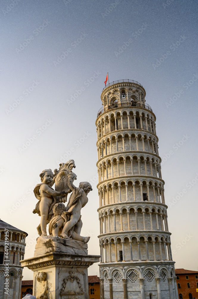 leaning tower of Pisa with Fontana dei Putti on Piazza dei Miracoli in Pisa