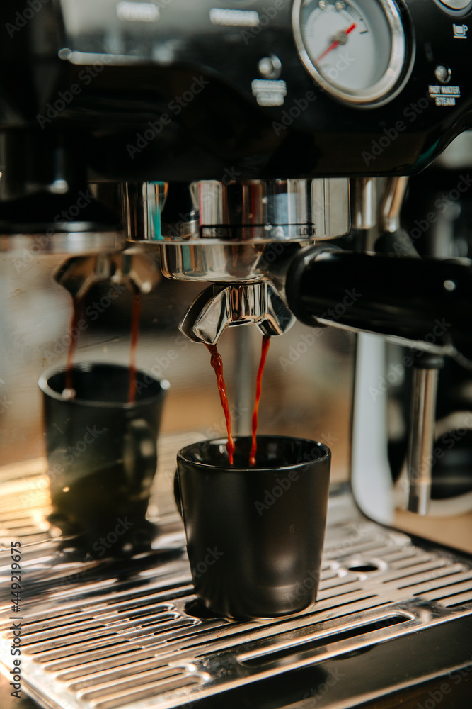 espresso machine pouring espresso coffee espresso machine pouring espresso coffee