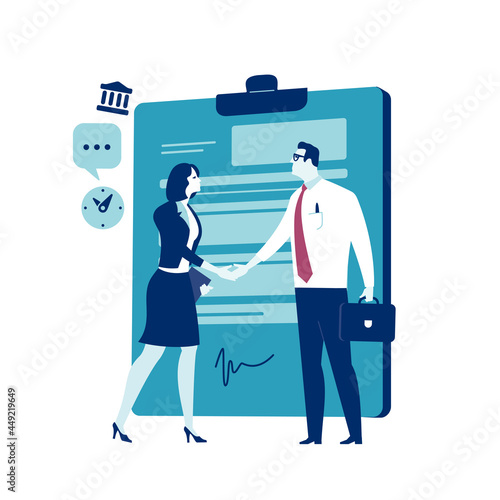 New employee. Agreement. Business people shaking hand in front of a signed contract. Business illustration
