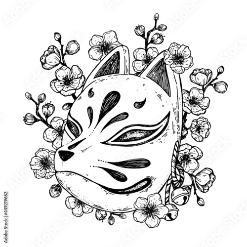 Kitsune mask with sakura flower hand drawn vector illustration. Traditional japanese demon. Tattoo print. Hand drawn illustration for t-shirt print, fabric and other uses.