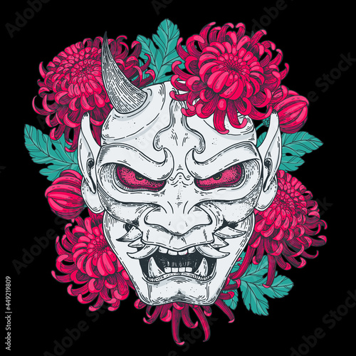 Hannya mask with chrysanthemum flowers hand drawn vector illustration. Traditional japanese demon. Tattoo print. Hand drawn illustration for t-shirt print, fabric and other uses.
