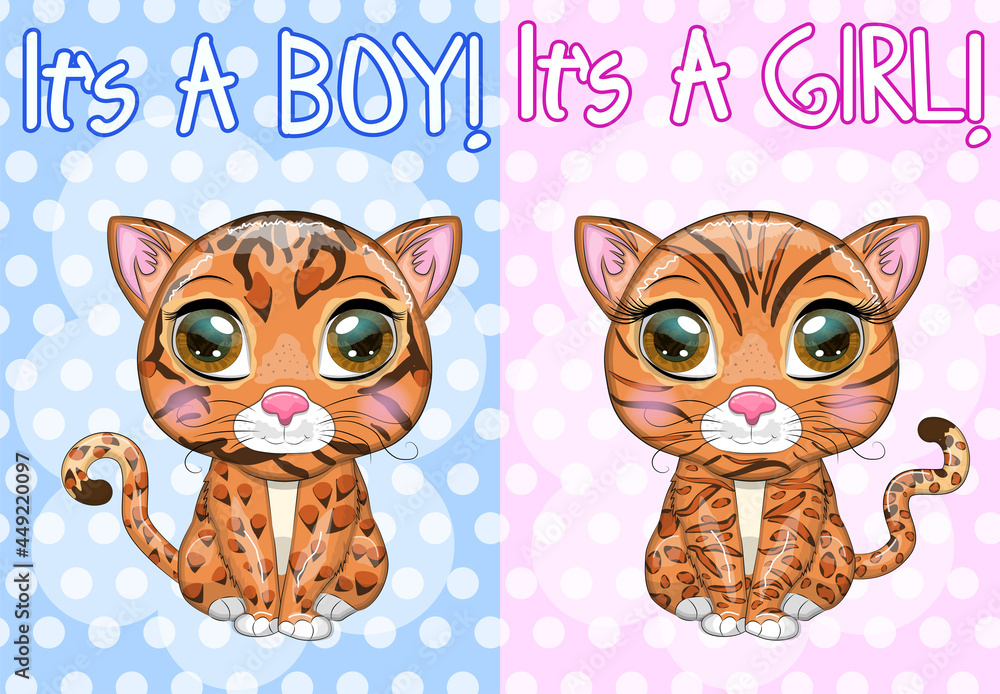 Baby Shower greeting card with Cute boy and girl. Cartoon Bengal cat ...