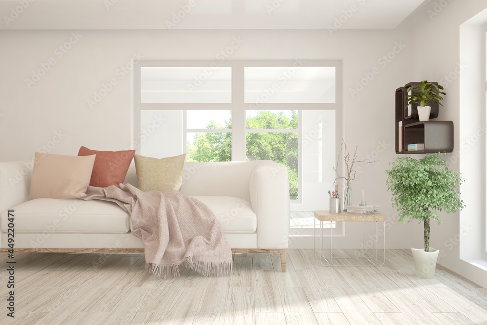 Stylish room in white color with sofa and summer landscape in window. Scandinavian interior design. 3D illustration Stylish room in white color with sofa and summer landscape in window. Scandinavian interior design. 3D illustration