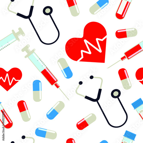 Medical Hospital Stethoscope, Capsules, lab test tube, heart beat, blood and injection Flat Icons Seamless Background Pattern