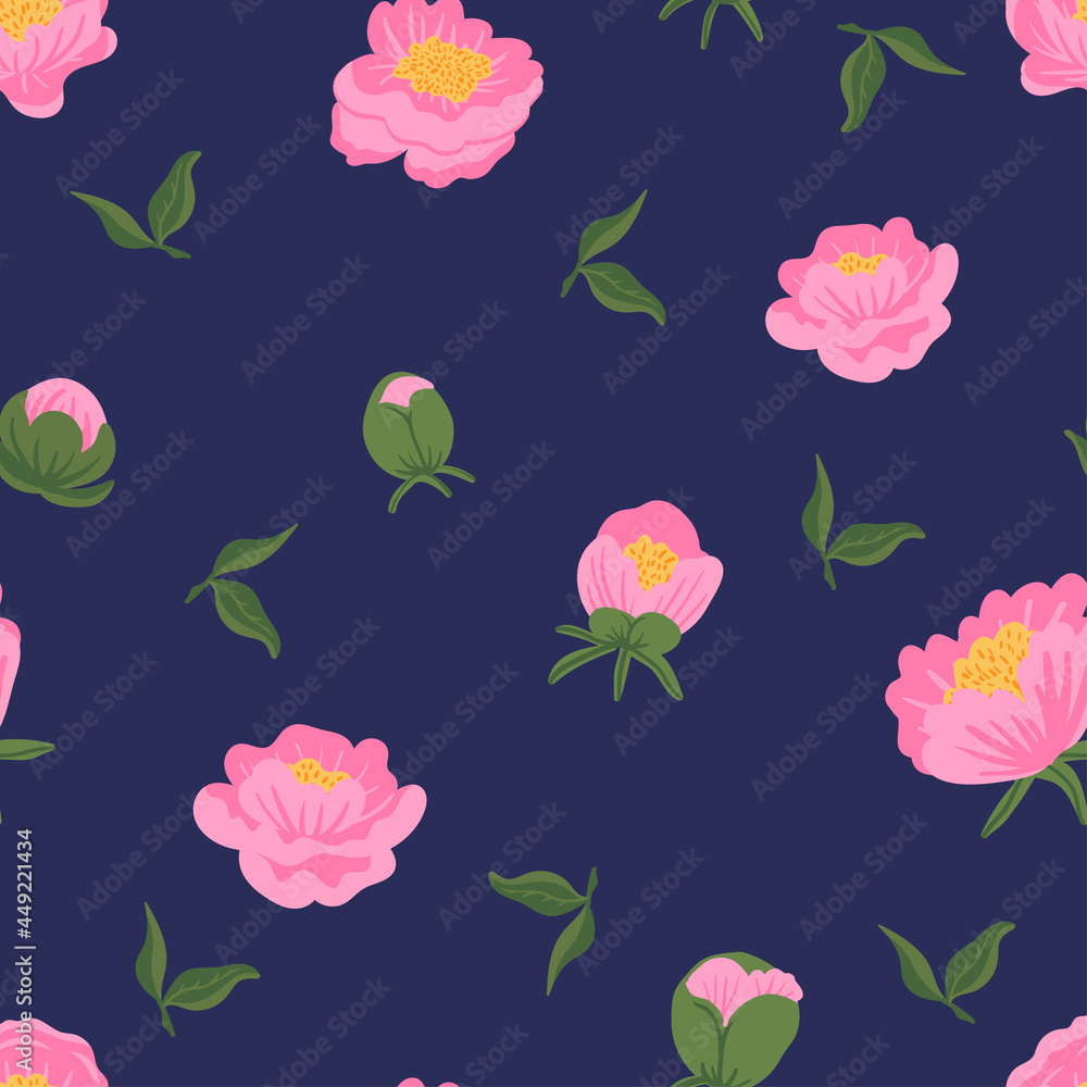 Floral vector seamless pattern with blooming peony flowers, buds, bouquet, garland, leaves. Vintage hand drawn background for decoration, wrapping, textile, fabric.