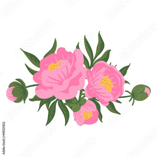 Fototapeta Naklejka Na Ścianę i Meble -  Flower composition. Pink peonies with green leaves. Vector romantic garden illustration. Botanical collection for wedding invitation, patterns, wallpapers, fabric, wrapping