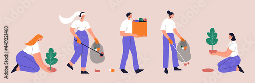 Set of people collecting garbage into trash bags. Eco-volunteers clean the polluted environment from garbage and plant trees. Flat vector illustration on isolated background. Eps 10.