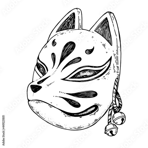 Kitsune mask sketch hand drawn vector illustration. Traditional japanese demon. Tattoo print. Hand drawn illustration for t-shirt print, fabric and other uses.