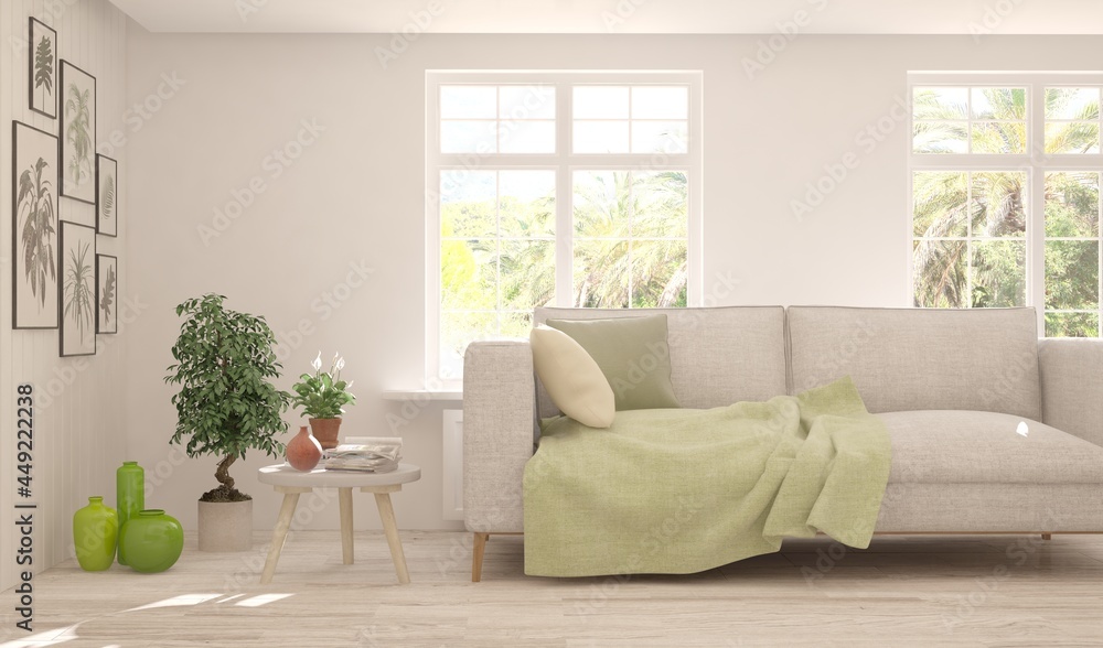 Fototapeta premium White living room with sofa. Scandinavian interior design. 3D illustration