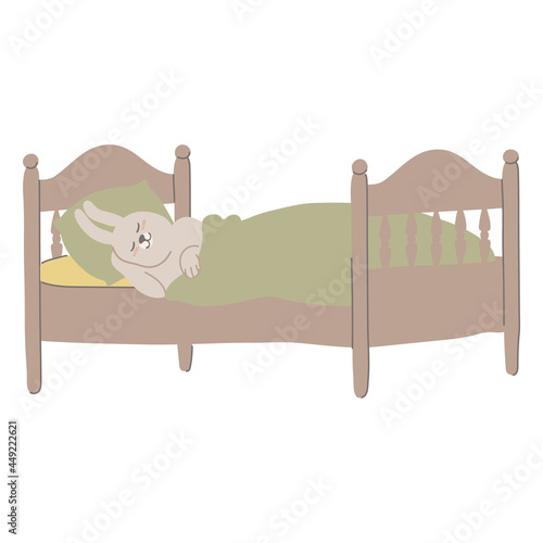 Cute baby hare is sleeping in his bed. Happy sweet little boy. Concept with character in flat style.