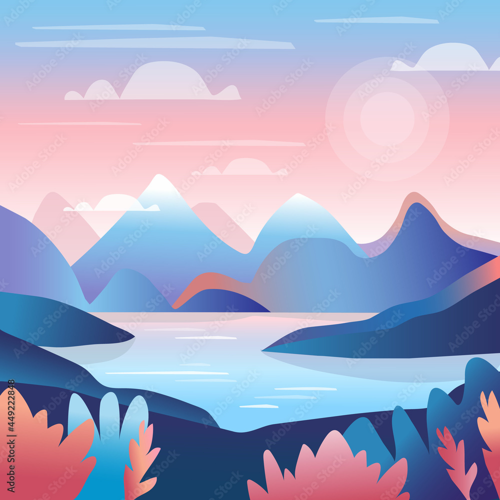 A beautiful vector landscape, scene, view with silhouettes of mountains and hills, plants, leaves, and foliage with soft sunrise in the background. Soft, sweet pink, coral, and blue colors. Gradients.