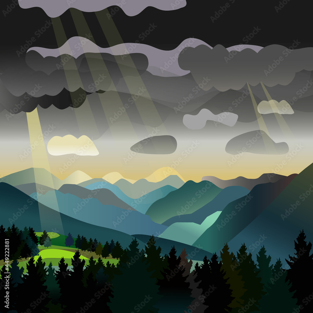 Vector illustration or scene with a beautiful, picturesque landscape. Sun rays through rain clouds. Green and blue mountains or rocks and forests in the valley under rain clouds.