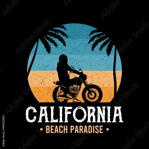 Enjoy the ride, Morning vibes, Motorcycle Beach typography for t-shirt print with palm,beach and motorcycle.Vintage poster.