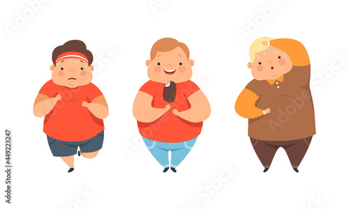 Overweight Little Children with Extra Body Fat Overeating Unhealthy Food Vector Set
