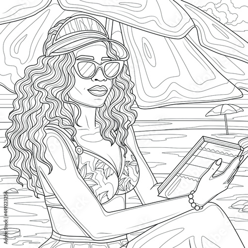 Black girl on the beach with a book.Coloring book antistress for children and adults. Illustration isolated on white background.Zen-tangle style. Hand draw