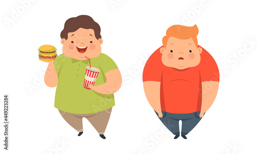 Overweight Little Children with Extra Body Fat Overeating Unhealthy Food Vector Set