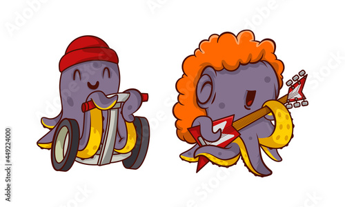 Funny Purple Octopus Character with Tentacles Playing Electric Guitar and Riding Scooter Vector Set