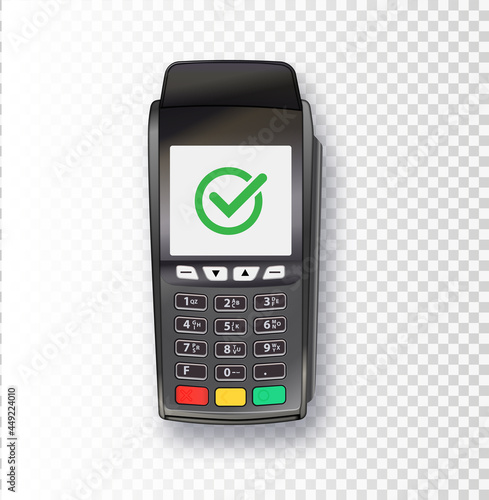 Payment machine. POS terminal Bank payment terminal design template, Mockup. Vector Realistic black 3d