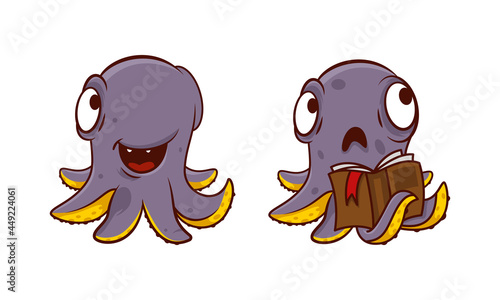 Funny Purple Octopus Character with Tentacles Reading Book and Smiling Vector Set