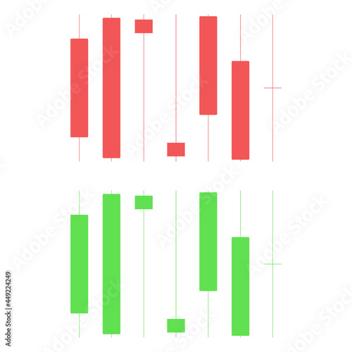 Investment candlestick icon. Various forms and variants of situations in the securities market. Two colors - red and green. Vector illustration on a pure white background.