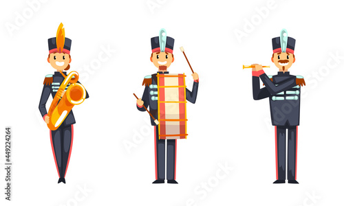 Military Band Member in Parade Uniform Playing Musical Instrument Vector Set