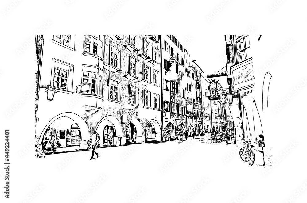 Building view with landmark of Innsbruck is the 
city in Austria. Hand drawn sketch illustration in vector.