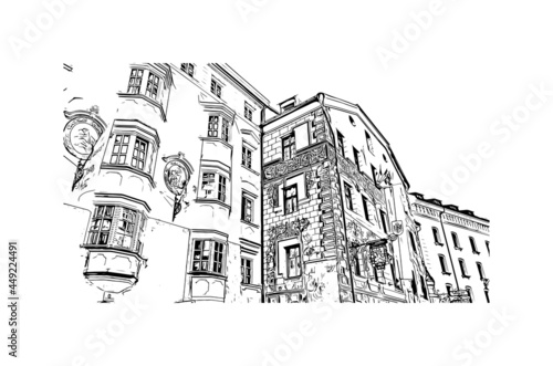 Building view with landmark of Innsbruck is the 
city in Austria. Hand drawn sketch illustration in vector.