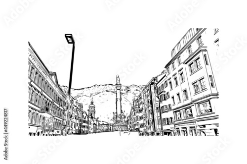 Building view with landmark of Innsbruck is the city in Austria. Hand drawn sketch illustration in vector.