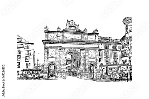 Building view with landmark of Innsbruck is the 
city in Austria. Hand drawn sketch illustration in vector.