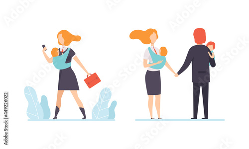 Man and Woman Parent Working and Nursing Children Combining Job and Family Duty Vector Set