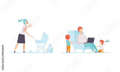 Man and Woman Parent Working and Nursing Children Combining Job and Family Duty Vector Set