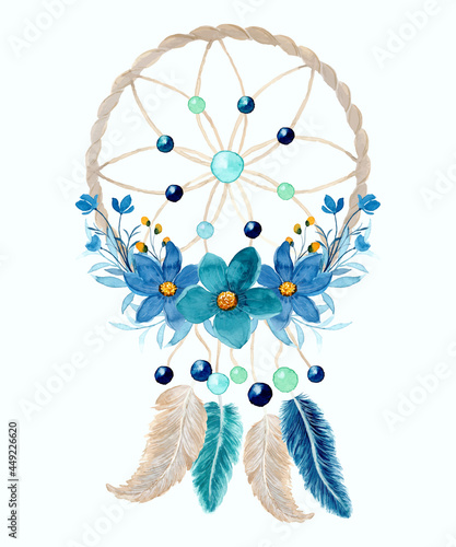 Watercolor dream catcher with blue flower