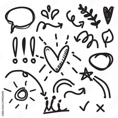 Hand drawn doodle set elements, black on white background. Arrow, heart, love, star, leaf, sun, light, flower, crown.
