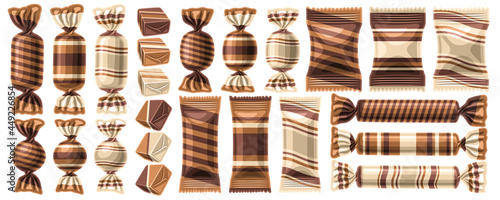Vector set of Candies, collection of cut out illustrations of assorted choco candy and cute milky jelly, banner with group of isolated tasty chocolate candy for children birthday on white background.
