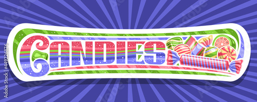 Vector banner for Candies, white signboard with illustration of assorted wrapping and striped yummy candy, add coupon with unique brush lettering for text candies on blue rays of light background.