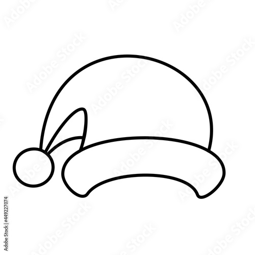 Santa hat isolated object on white background black and white contour line vector illustration in doodle style. Christmas or New Year holiday design element. Coloring book page.