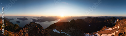 Panoramic View of Rocky Canadian Mountain Landscape. Sunny Summer Sunset. Aerial Scene from Mnt Brunswick, near Vancouver and Squamish, British Columbia, Canada. © edb3_16