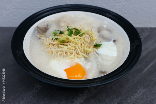 rice gruel, rice porridge or congee with pork liver and egg