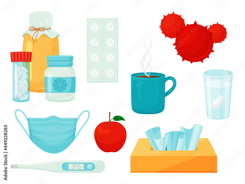 set of different objects on medical topics. Medications, pills, thermometer, mask, aspirin. Isolated on white. Vector illustration. Cartoon style. set of different objects on medical topics. Medications, pills, thermometer, mask, aspirin. Isolated on white. Vector illustration. Cartoon style.