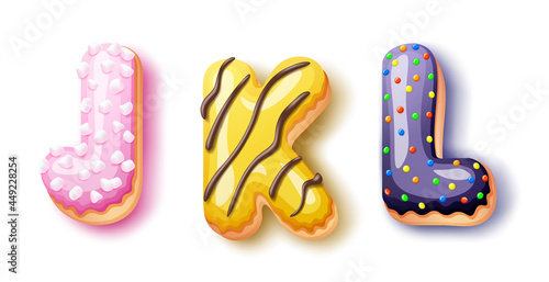 Donut icing upper latters - JKL Font of donuts. Bakery sweet alphabet. Donut alphabet latter DEF isolated on white background, vector illustration