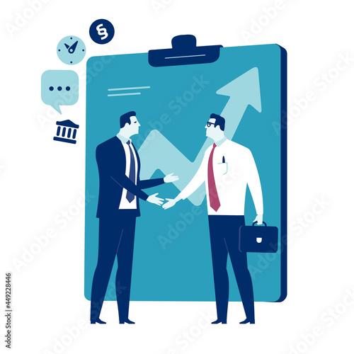 Agreement. Business project. Manager and new employee shaking hand in front of a business project. Business illustration
