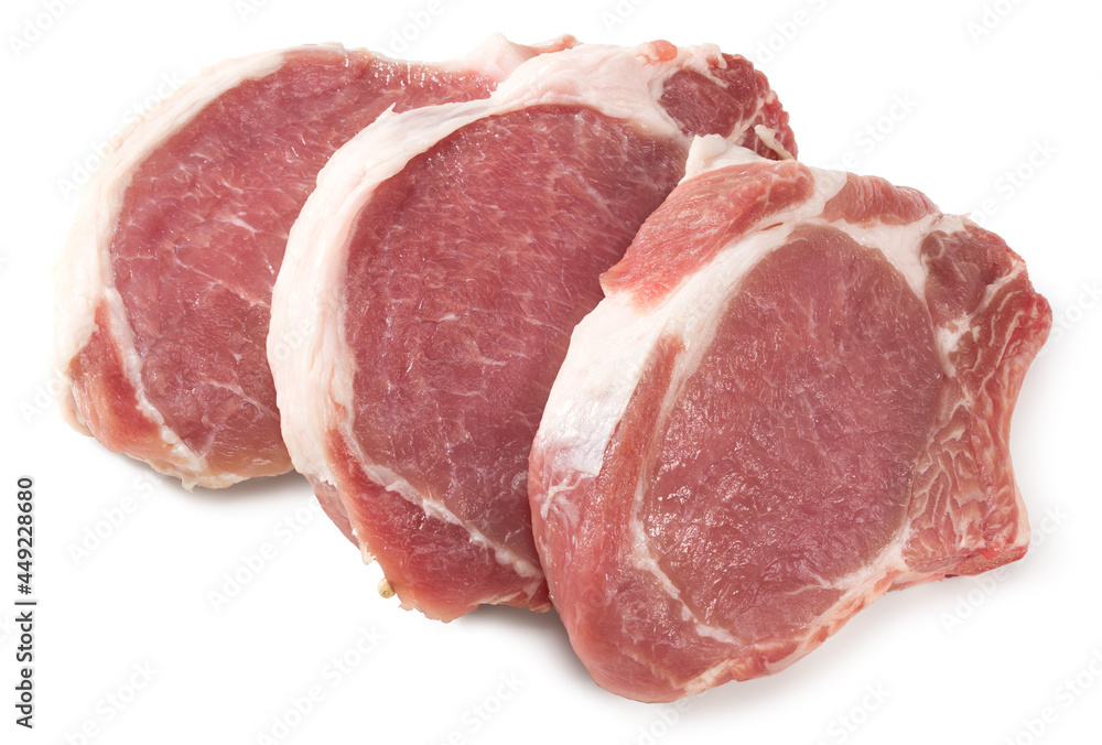 sliced raw pork meat isolated on white background. Clipping path and full depth of field sliced raw pork meat isolated on white background. Clipping path and full depth of field