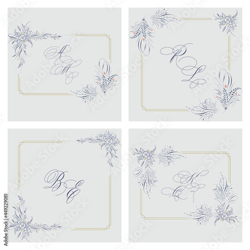 pointed pen off hand flourishes feather and flowers ink drawing holiday wreath vintage hand drawn calligraphy artwork with capital monogram for wedding invitation